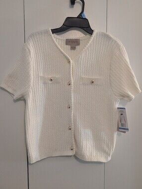 French Connection Cream Knit Short-Sleeve Gold Button Cardigan